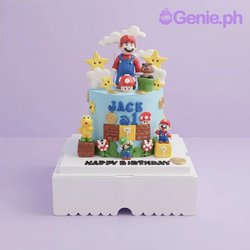 Super Mario-Inspired Sky Blue Cake Sky blue 1-tier cake with smooth icing, Super Mario characters, and molded fondant clouds