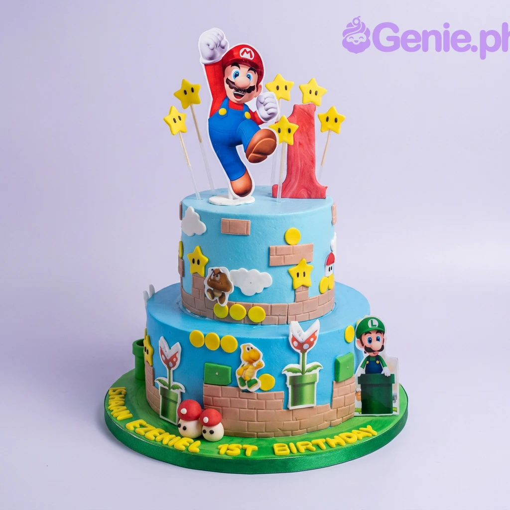 A blue and green 2-tier cake themed Super Mario, with a Mario printout, red number one, brick panels, and gold stars.
