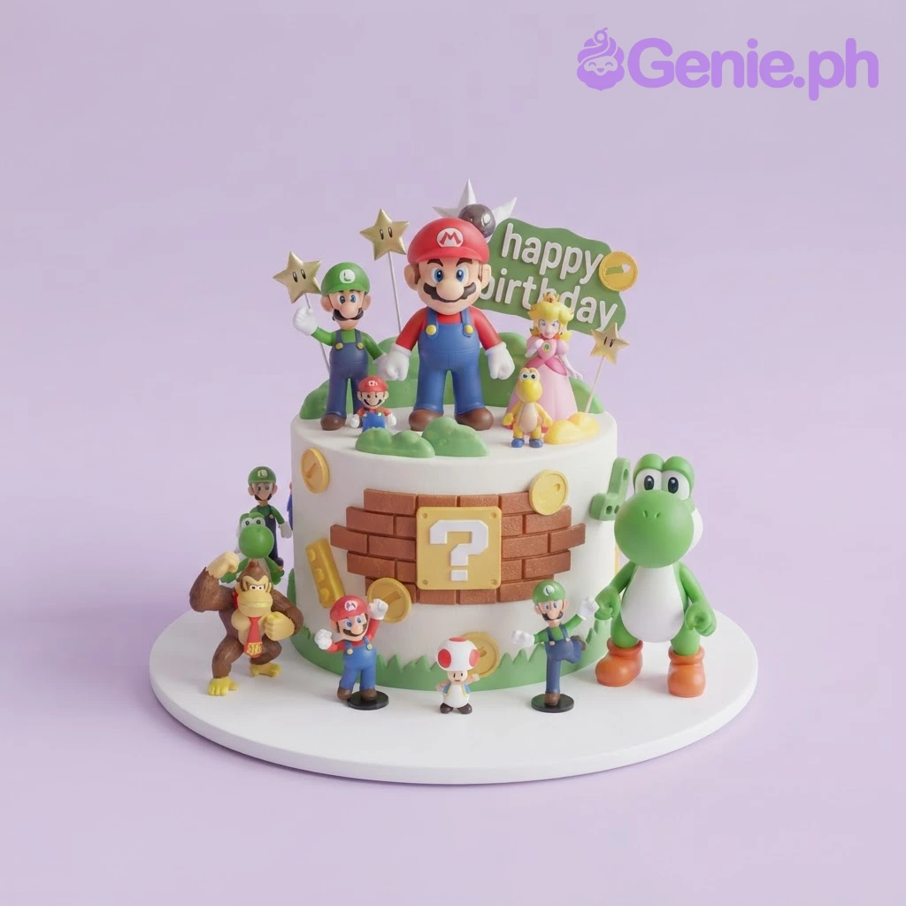 Super Mario-Inspired White Cake White 1-tier cake with soft icing, Super Mario theme, plastic Mario figurine, and edible brick panels