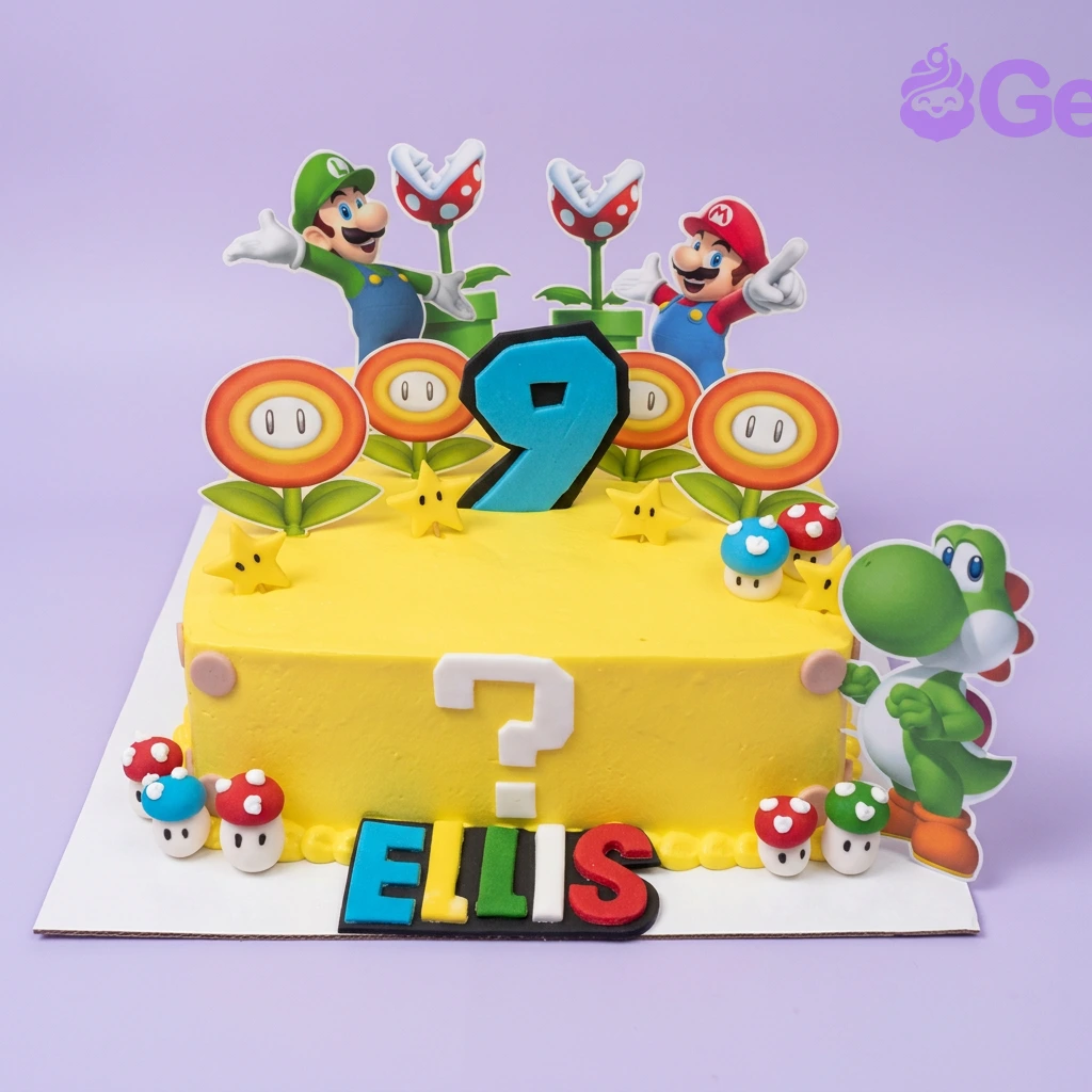 A yellow square Super Mario cake featuring Mario, Luigi, Yoshi, and Piranha Plant toppers, with fondant mushrooms.