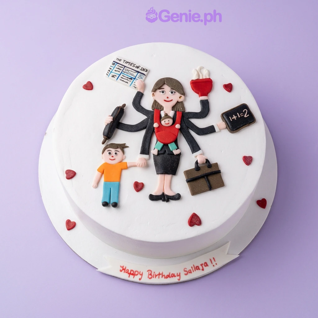 Super Mom White Birthday Cake A white 1-tier round cake themed Super Mom, featuring a multi-tasking mother figure, a young boy, red hearts, and a message banner.