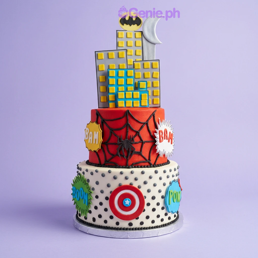Superhero Avengers-Inspired Batman Birthday Cake 3-tier superhero themed cake with Batman skyline topper, Spiderman web middle tier, and Captain America shield bottom tier