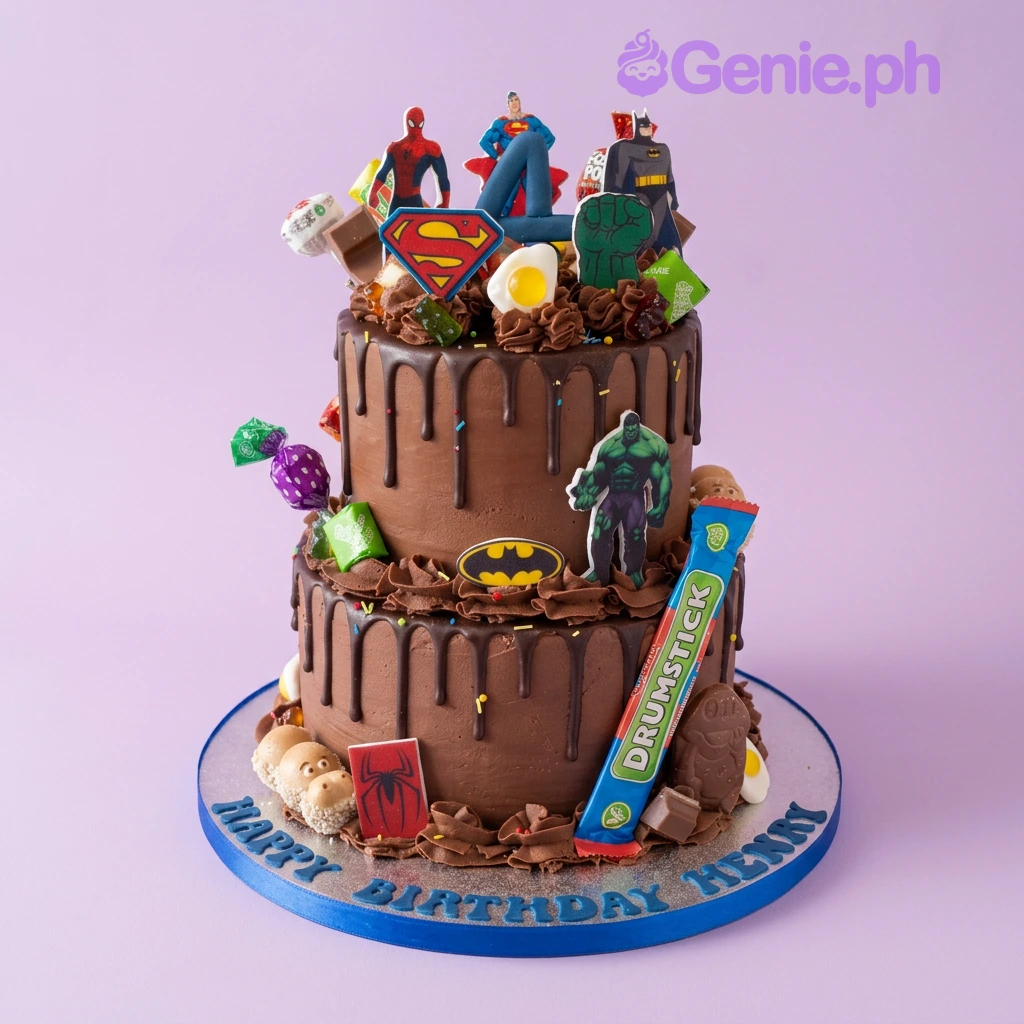 Superhero Brown 2-Tier Birthday Cake Chocolate 2-tier birthday cake with superhero printout toppers and assorted candy decorations