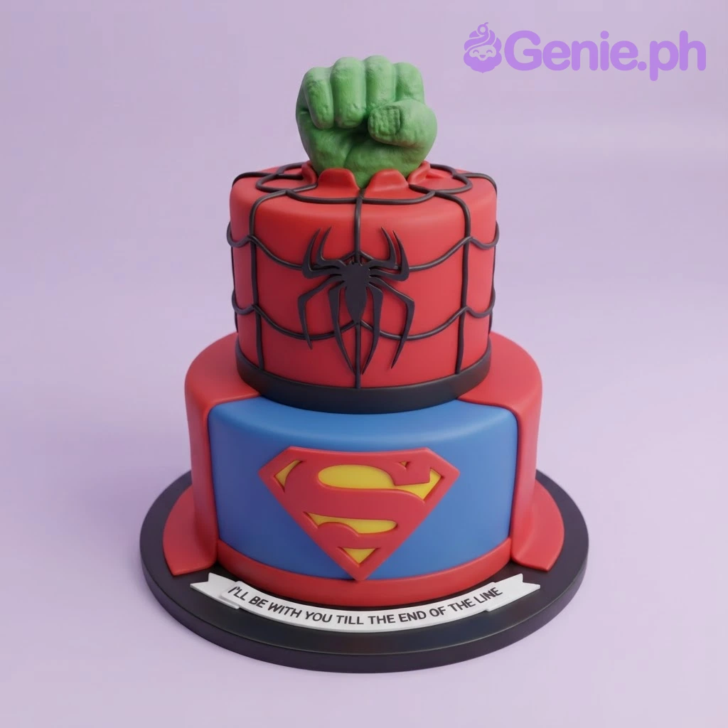 Superhero 2-Tier Cake Red and blue 2-tier fondant superhero cake with Hulk fist, Spider-Man web details, and Superman logo