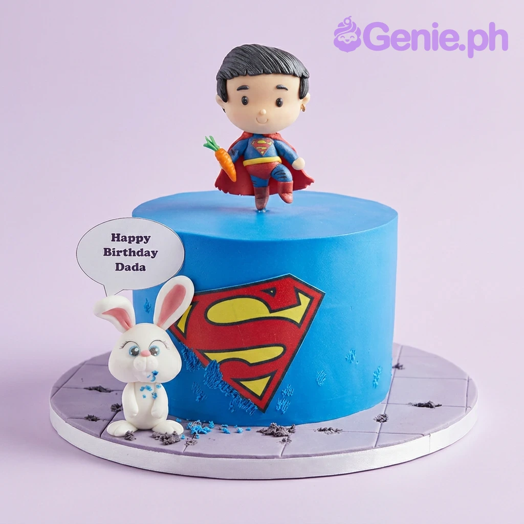 Superman-Inspired Blue Birthday Cake Blue Superman themed cake with a fondant superhero figure holding a carrot and a white bunny figure on a grey tiled base.