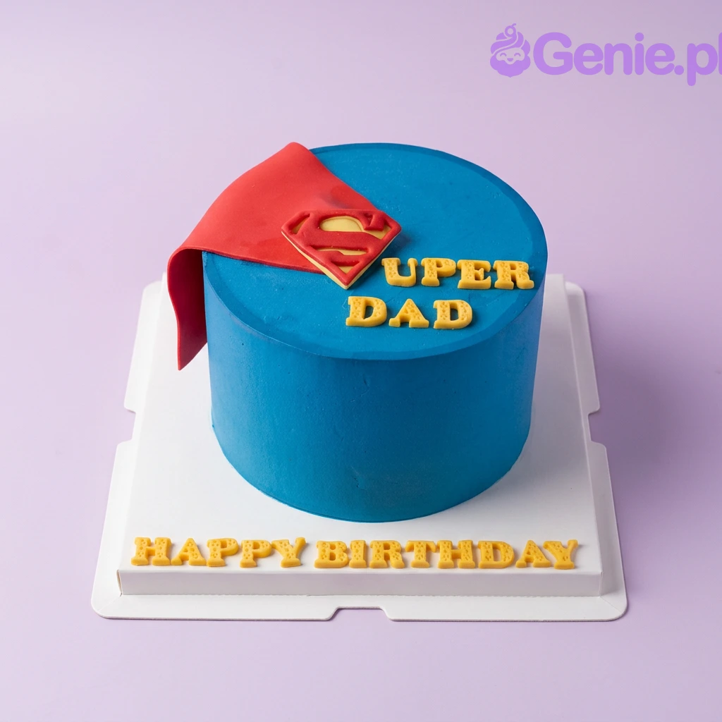 Superman-Inspired Dad Sky Blue Birthday Cake Blue single-tier cake with a red fondant Superman cape topper and yellow fondant text for a dad birthday