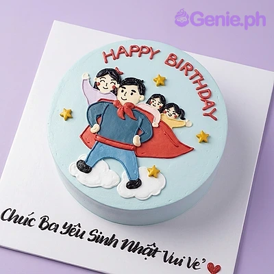 Superman-Inspired Family Sky Blue Birthday Cake Light blue 1-tier birthday cake with a hand-painted Superman figure and yellow stars