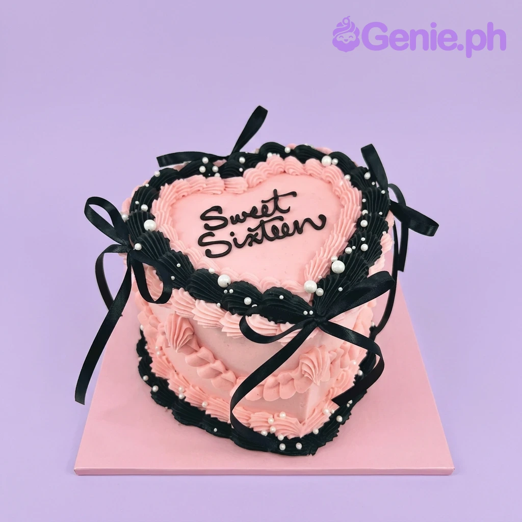 Sweet Sixteen Light Pink Heart Cake Pink heart-shaped vintage cake with black piped borders, black satin ribbons, and white pearls for a Sweet Sixteen celebration.