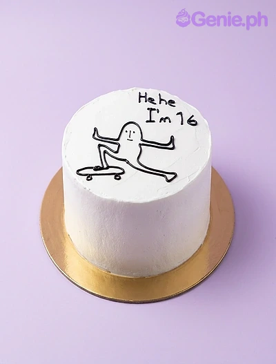 Sweet Sixteen Skateboard White Cake sweet sixteen skateboard 1 Tier - white theme with icing doodle of a person on a skateboard and white sprinkles