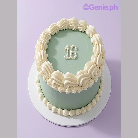 Sweet Sixteen Sky Blue Pearl Birthday Cake Light blue single-tier cake with white piped borders and a pearl number 16 topper