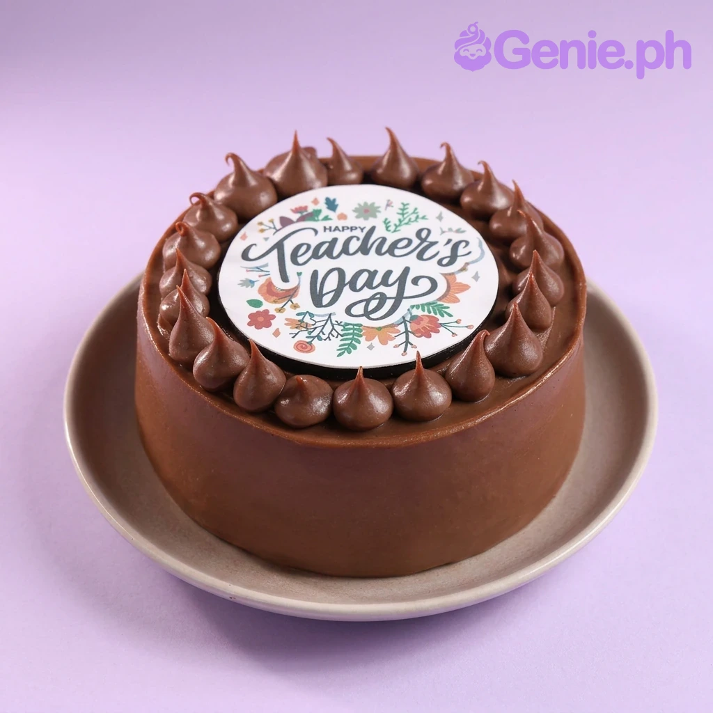 Teacher's Day Brown Floral Cake A brown 1 Tier cake for Teacher's Day, featuring a circular 'Happy Teacher's Day' printout and chocolate icing dollops.