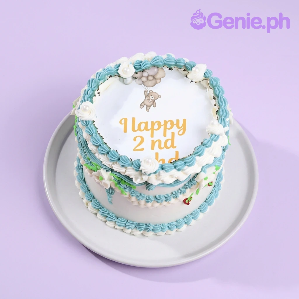 A white and blue 1 Tier cake themed around Teddy Bear Vintage, featuring a teddy bear with balloons printout and icing ruffles.