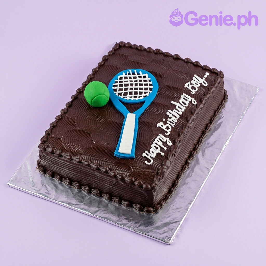 Tennis Birthday Brown Rectangle Cake A brown rectangle cake themed for tennis, featuring a blue tennis racket, green ball, and "Happy Birthday Boy..." text.