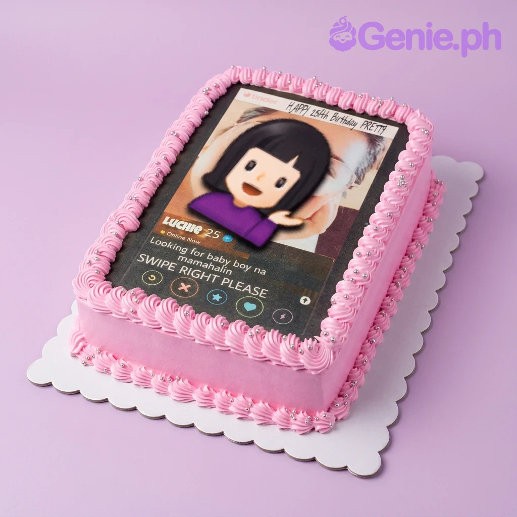 Tinder Birthday Coral Rectangle Cake A pink rectangle cake themed around Tinder, featuring an edible Tinder profile print, pink icing rosettes, and silver dragees.