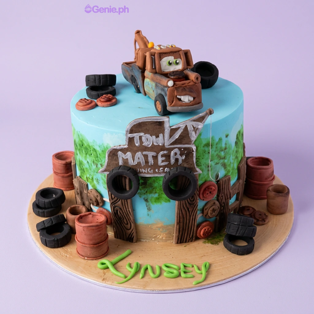 Tow Mater Cars-Inspired Birthday Cake A light blue and brown 1 Tier Fondant cake, Tow Mater themed, featuring a 3D truck, tires, and wooden fence.
