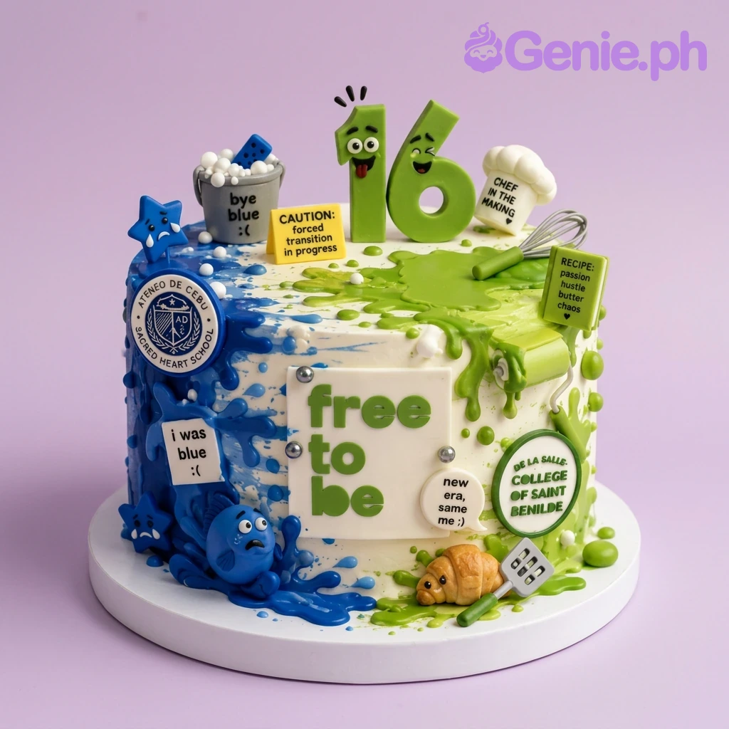 Transition Birthday Cake A white, blue, green 1-tier cake, Transition theme, with numbers 1 and 6, blue fish, croissant, chef hat, and school logos.