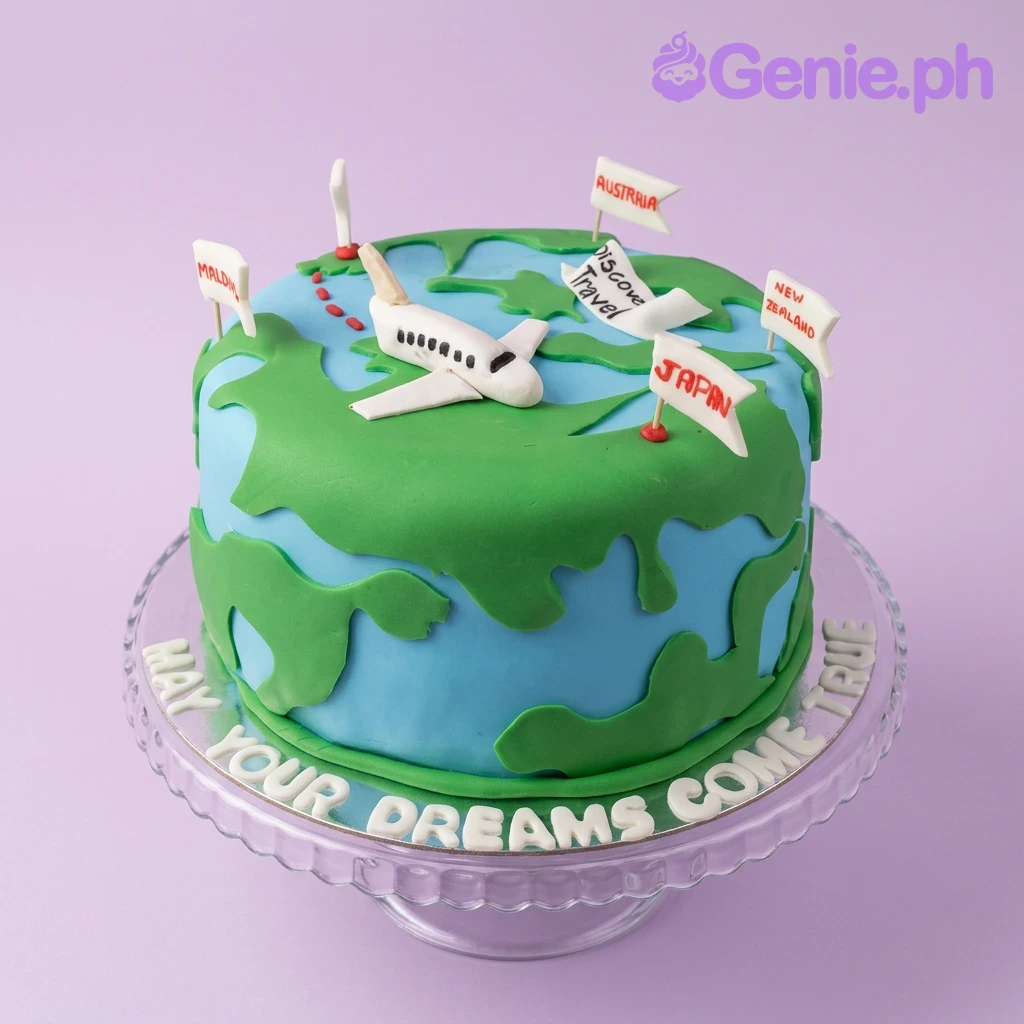 Travel Globe Cake Blue and green globe-themed travel cake with a white fondant airplane and country flags like Japan, Austria, and New Zealand.