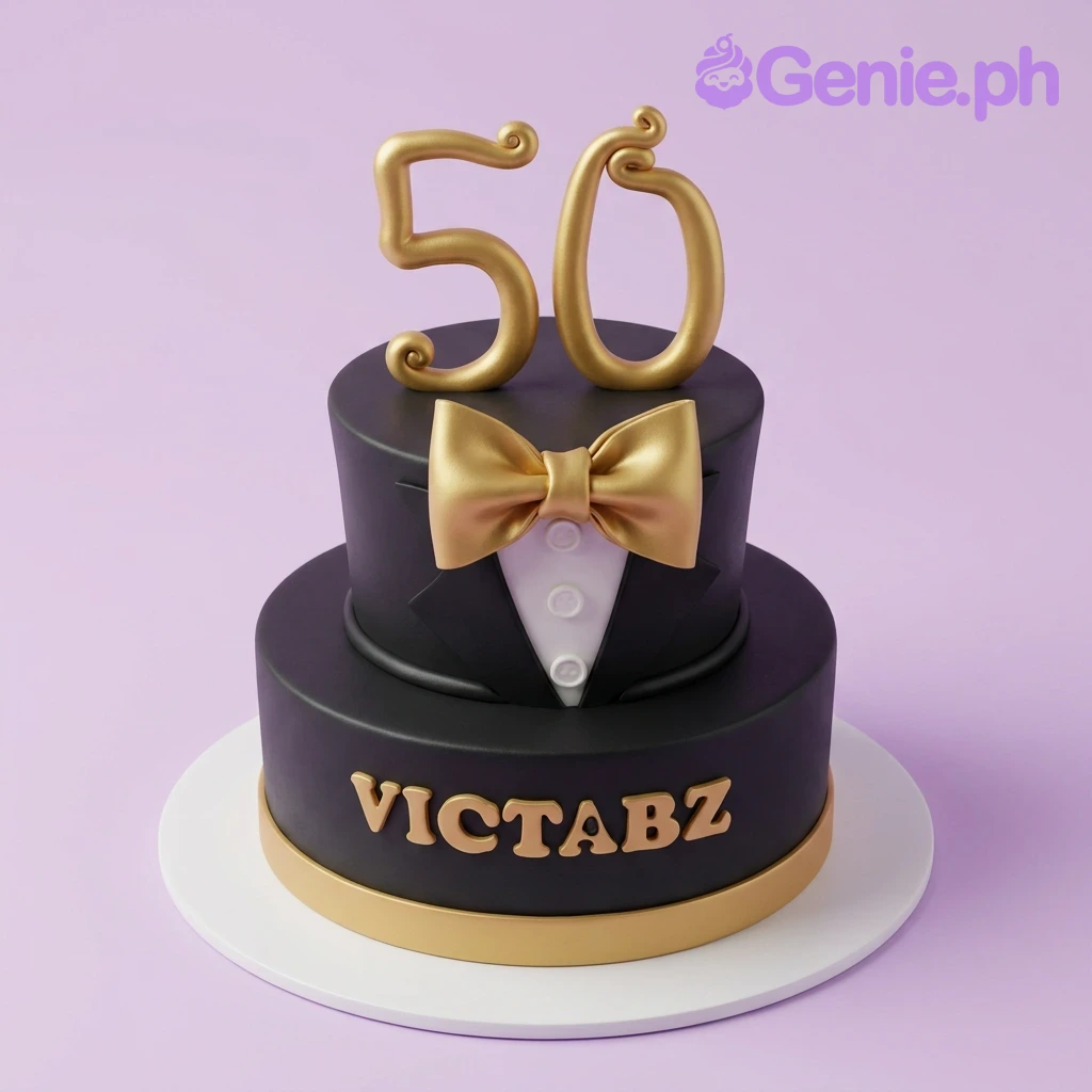 Tuxedo Birthday Black Bow 2-Tier Cake A black and white 2-tier fondant cake themed as a tuxedo, featuring a gold number 50 topper and a gold bow tie.