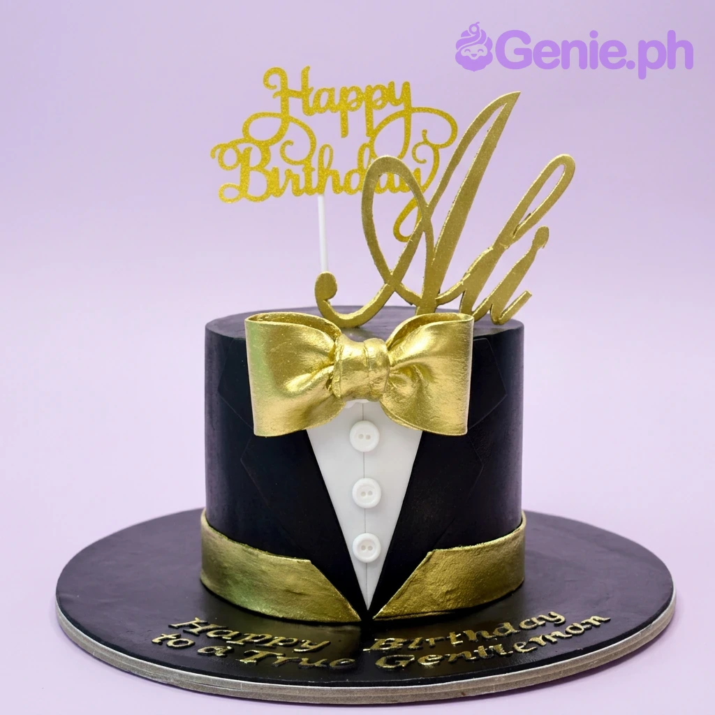 Tuxedo Gentleman Black Bow Birthday Cake A black fondant cake, tuxedo-style, featuring a gold Happy Birthday Ali topper, bow tie, and white shirt buttons.