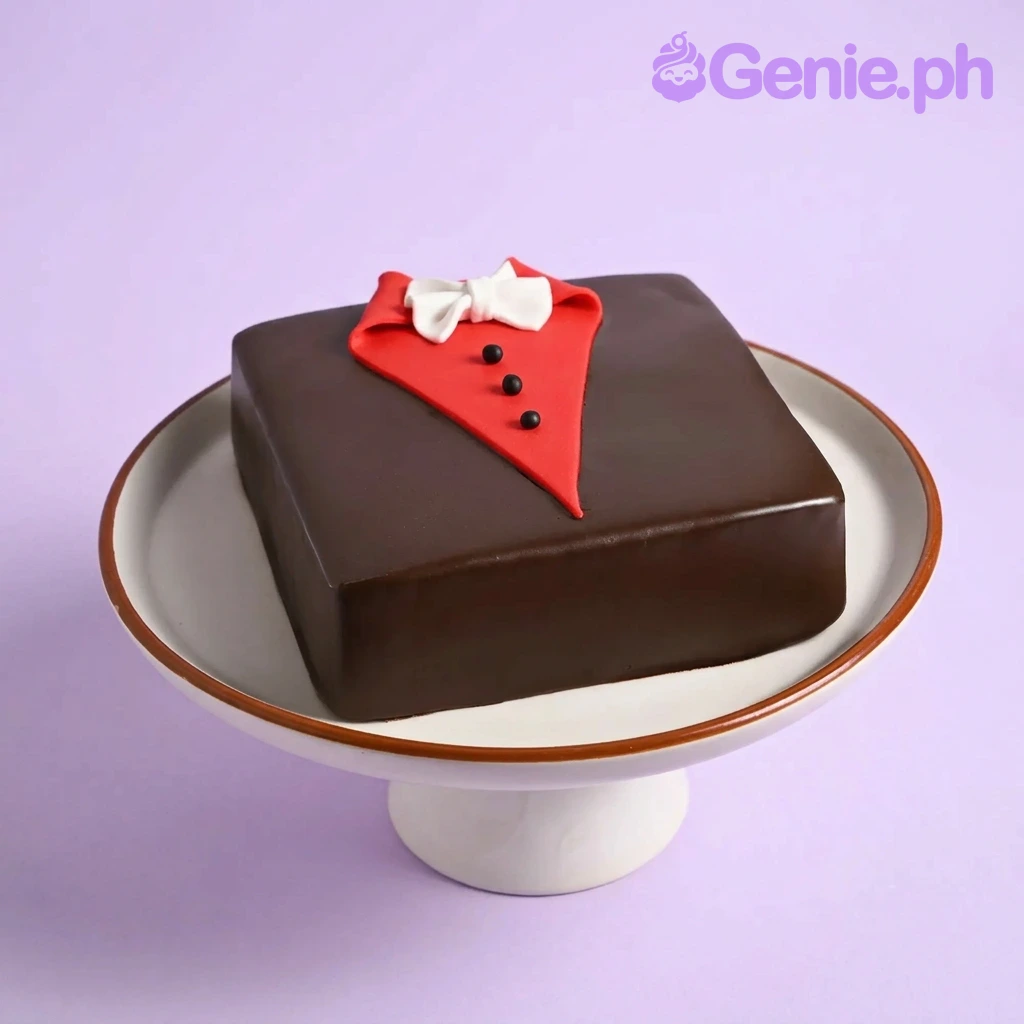 Tuxedo Gentleman Brown Bow Cake Square chocolate fondant cake designed like a tuxedo with a red shirt, white bow tie, and black buttons.