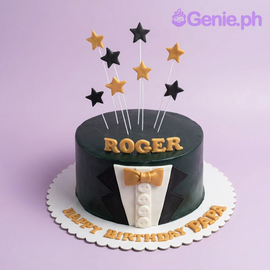 Tuxedo Papa Black Bow Birthday Cake A black 1-tier fondant cake themed as a tuxedo, featuring black and gold stars, a white shirt design, and gold bow tie.