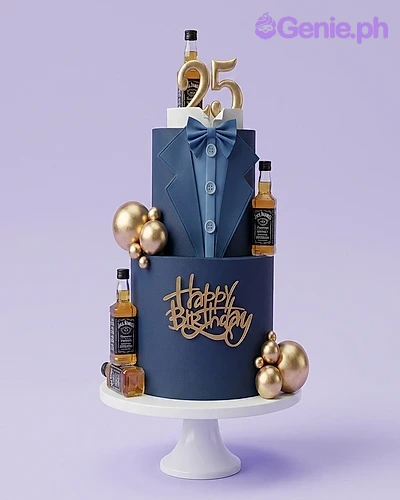 Tuxedo Whiskey Navy Bow 2-Tier Birthday Cake Navy blue two-tier tuxedo cake with gold number 25 topper, whiskey bottles, and gold spheres.