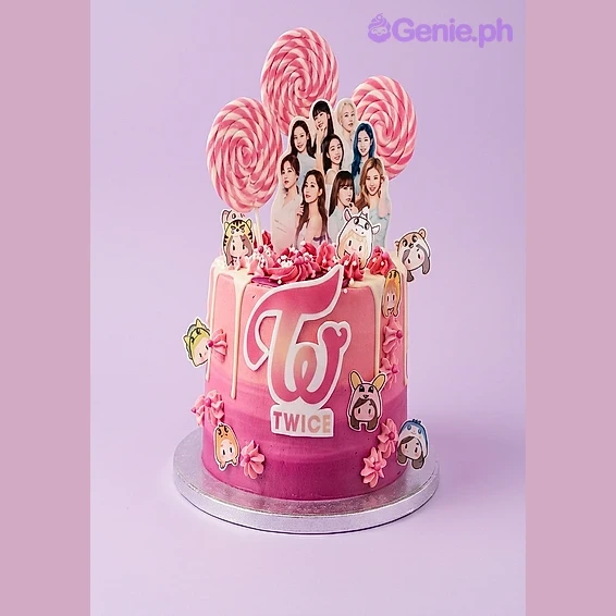 Twice-Inspired Kpop Light Pink Drip Birthday Cake Pink gradient 1-tier cake with TWICE K-pop group printout toppers and white drip icing
