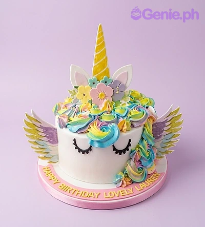 unicorn 1 Tier - yellow, white, gold theme with Yellow unicorn horn and Multi-colored icing swirls on top