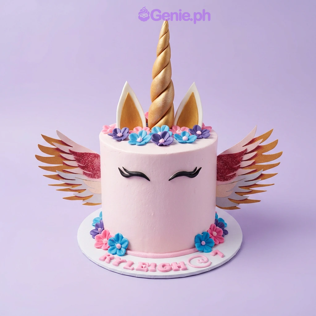 A pink 1-tier Unicorn cake, featuring a gold horn, ears, pink and gold wings, colorful fondant flowers, and piped eyelashes.