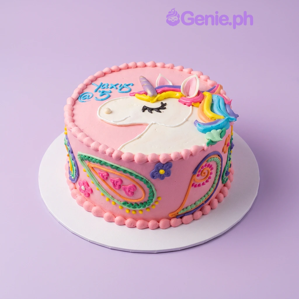 A pink 1-tier Unicorn cake, featuring a unicorn face with a colorful mane, piped floral and paisley patterns, and bead borders.