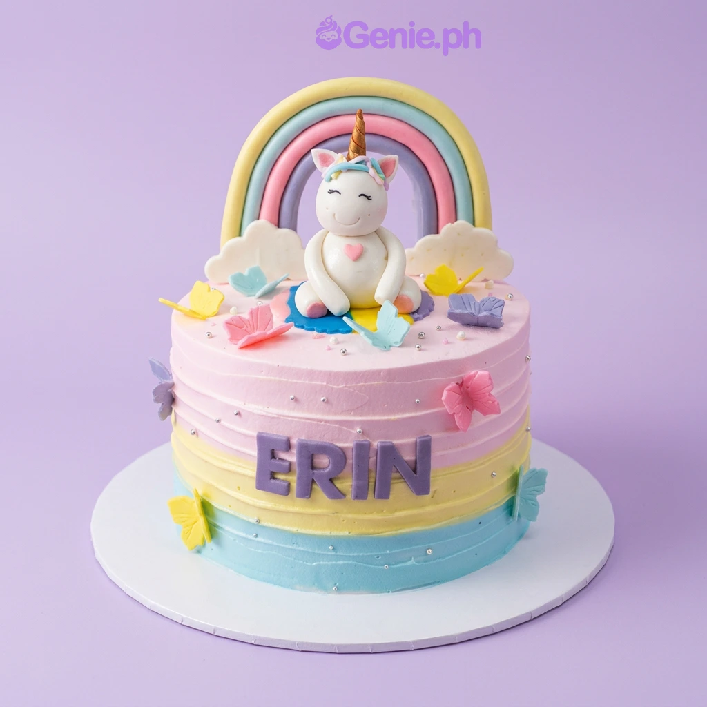 A colorful 1-tier Unicorn cake featuring a fondant unicorn, rainbow, butterflies, white clouds, and purple "ERIN" text.