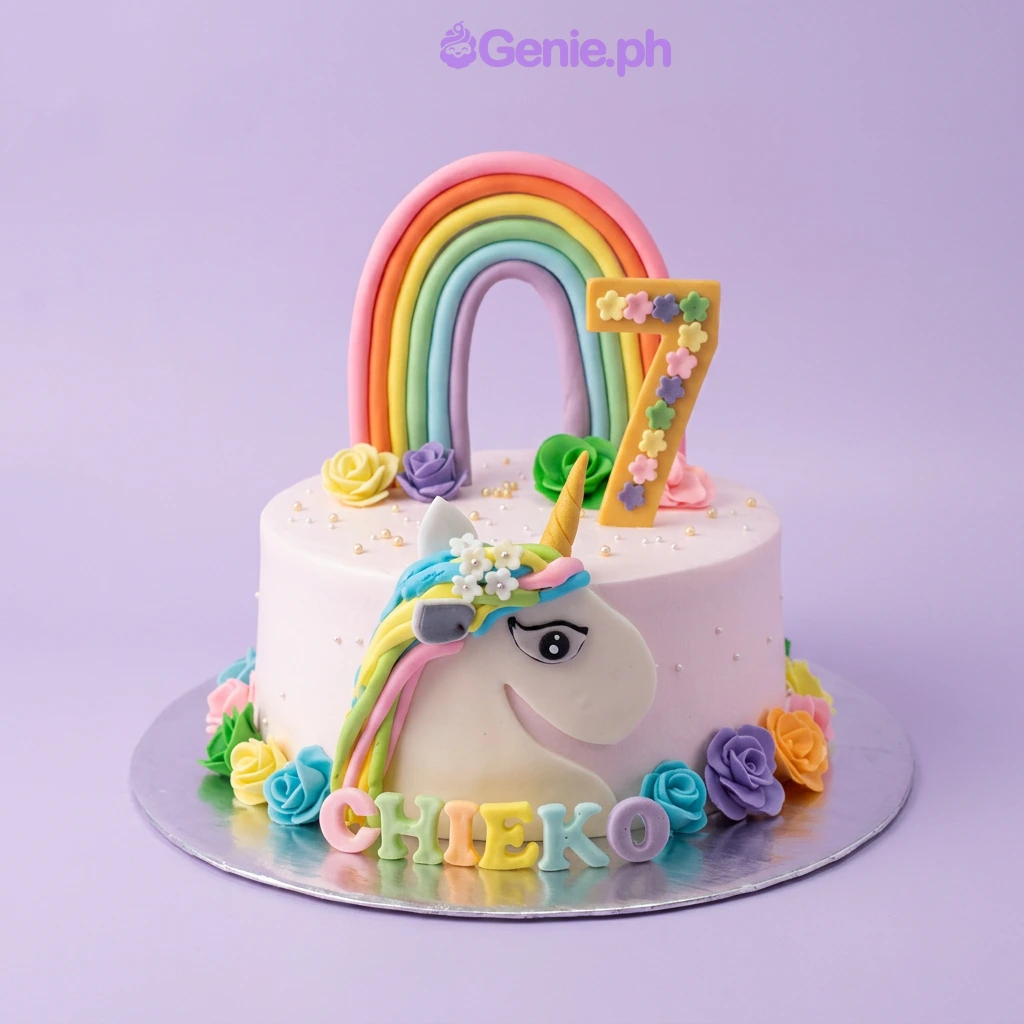 A pink 1-tier Unicorn cake, featuring a large rainbow, 3D unicorn face, and colorful fondant flowers.