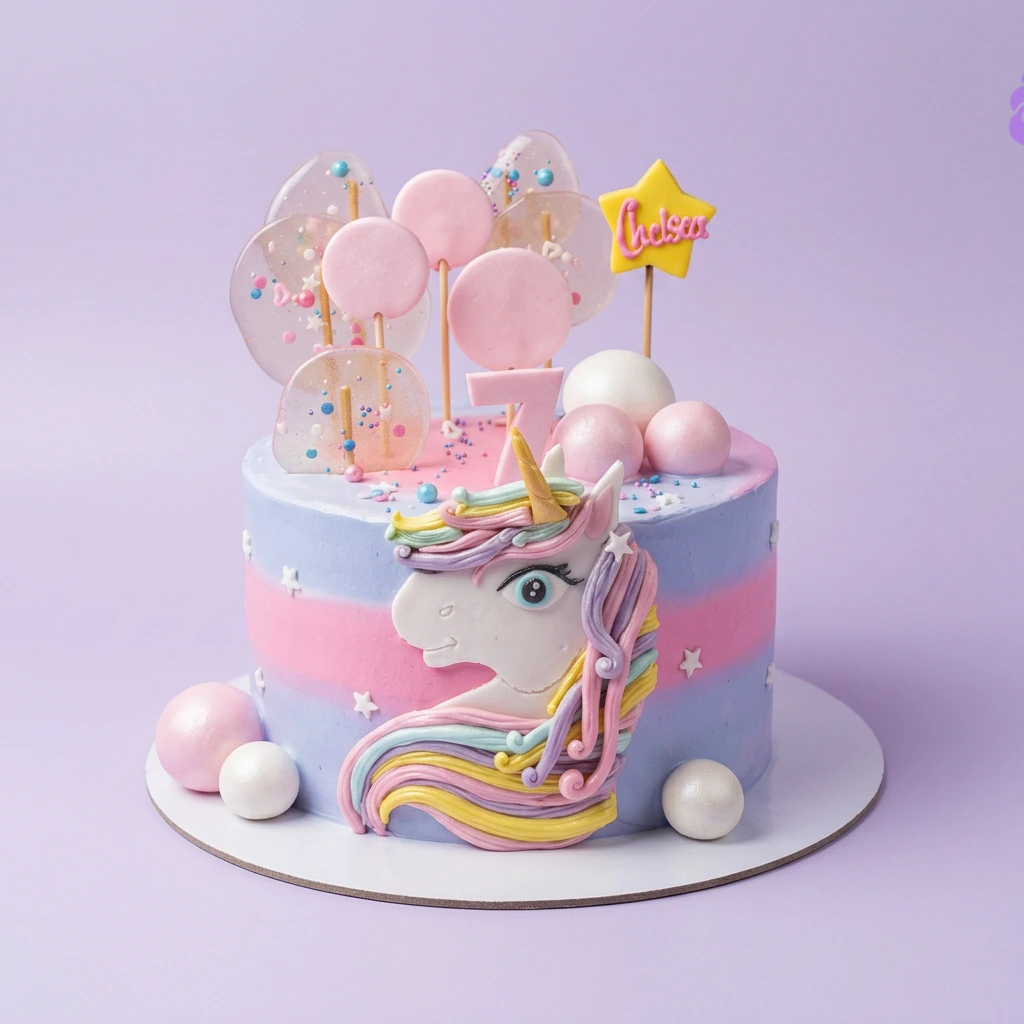 A colorful 1-tier unicorn cake with a 2D unicorn face, pink lollipops, a yellow star, and a pink number 7.
