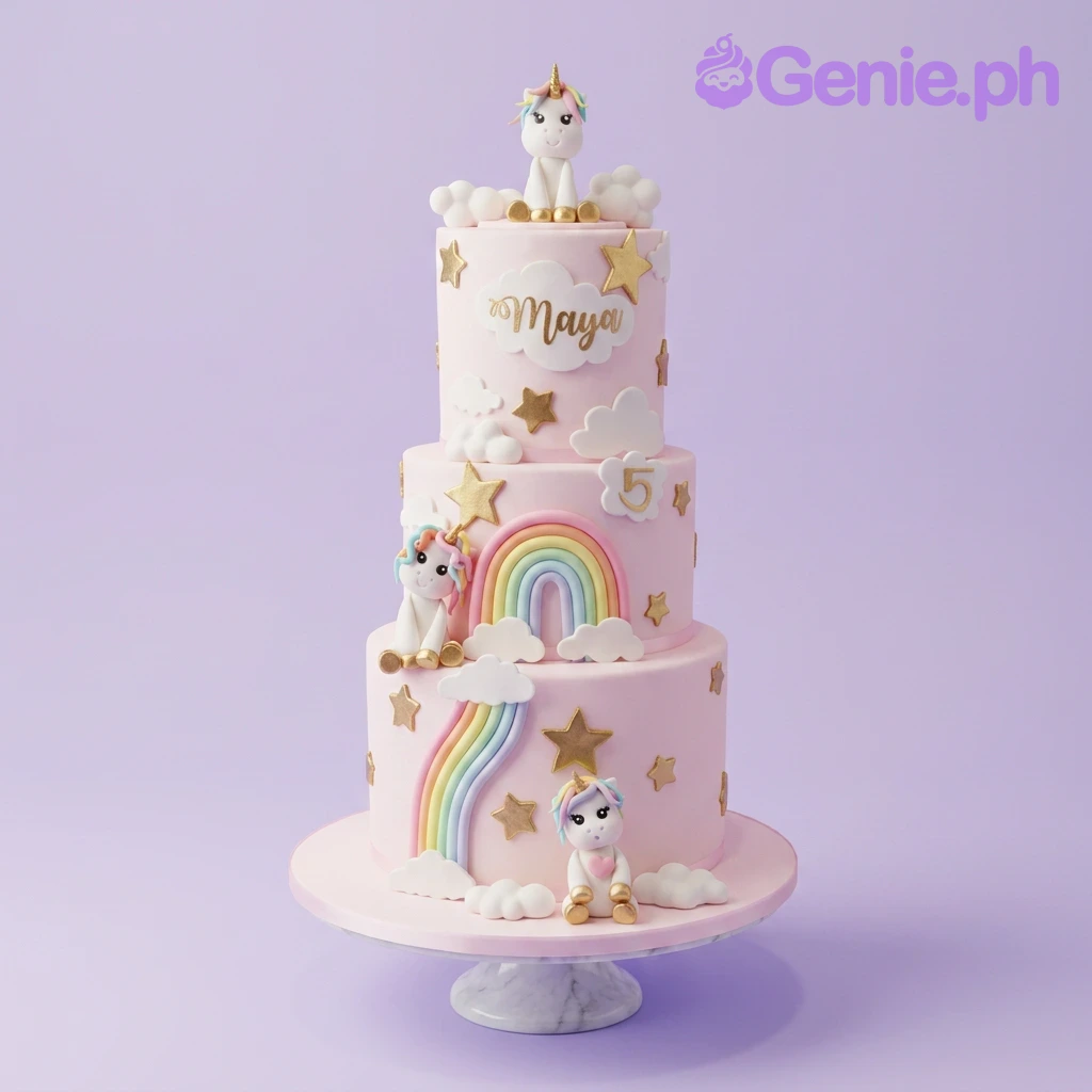 Unicorn Pink 3-Tier Cake A light pink 3 Tier Fondant cake, Unicorn themed, with fondant unicorns, rainbows, white clouds, and gold stars.