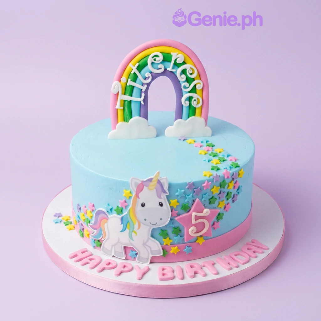 A light blue 1-tier Unicorn cake with a rainbow, unicorn, pink star '5', colorful stars, and 'HAPPY BIRTHDAY Therese' text.