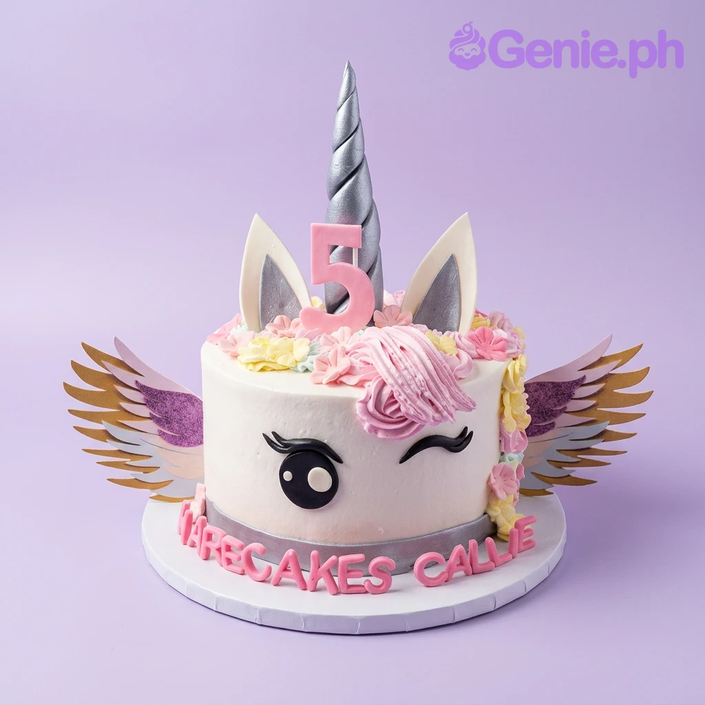 Unicorn White Floral Birthday Cake A white 1-tier Unicorn cake, featuring a silver horn, pink ears, pink '5', pink mane, and flowers.