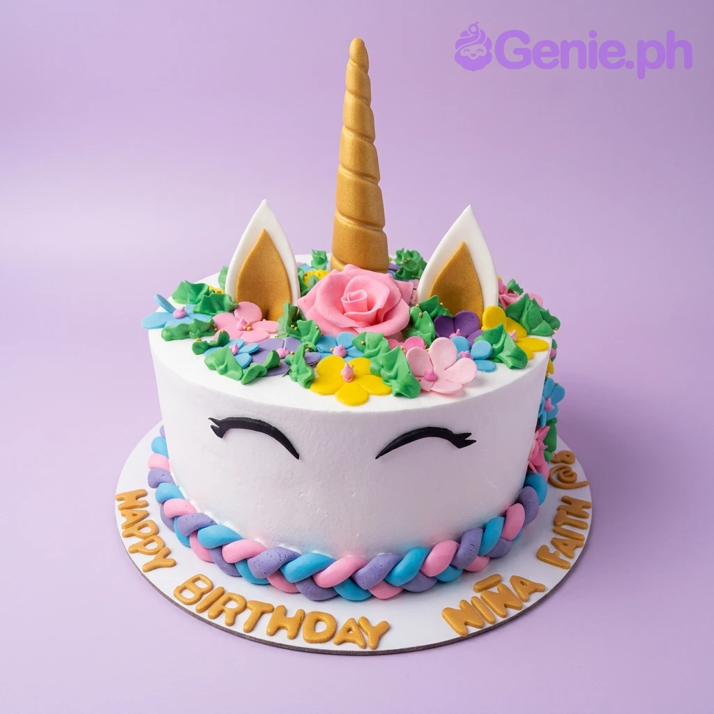 Unicorn White Floral Cake White unicorn cake with a gold horn, pink rose, colorful fondant flowers, and a braided purple, pink, and blue border.