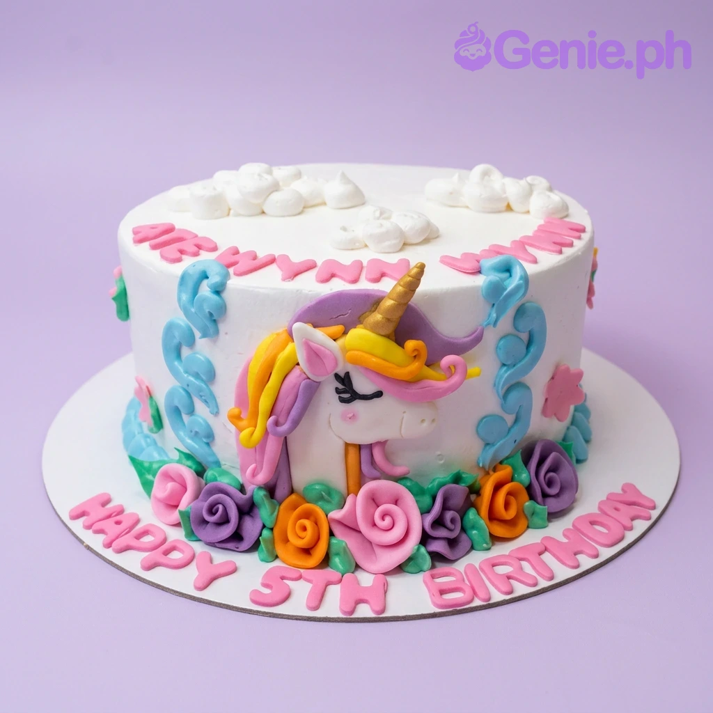 A white 1 Tier unicorn cake, featuring a 3D fondant unicorn face, icing roses, blue swirls, and white clouds.