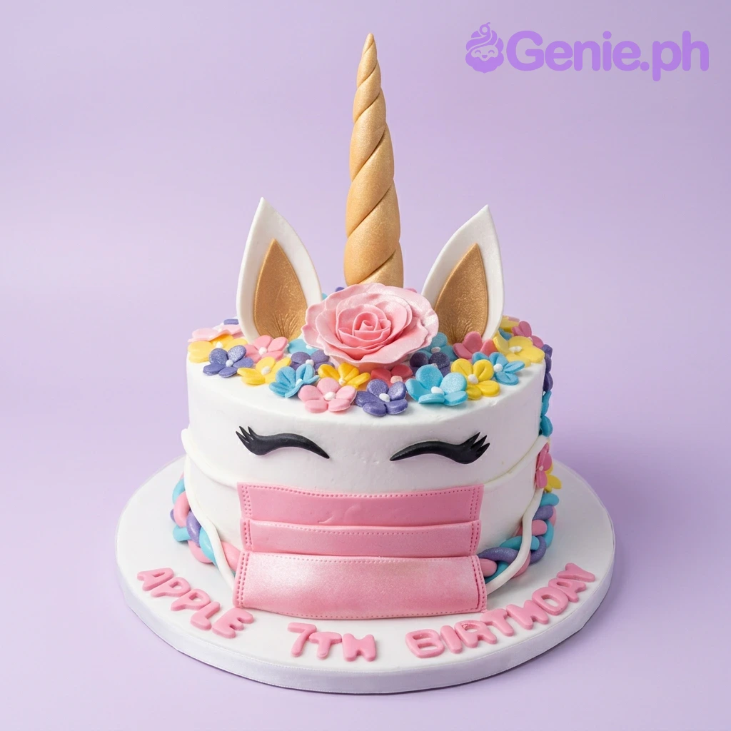Unicorn White Floral Birthday Cake A white 1 Tier cake themed around Unicorn, featuring a gold horn, ears, pink face mask, and colorful fondant flowers.