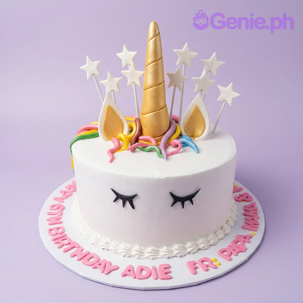 Unicorn White Cake A white 1-tier cake themed around Unicorn, featuring a gold horn, white ears, colorful fondant mane, white star toppers, and a pink message board.