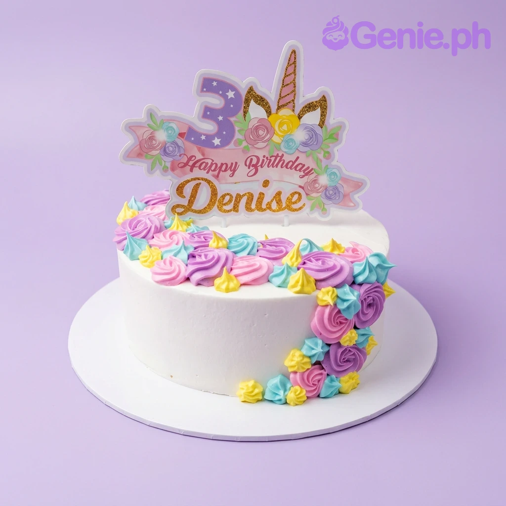 Unicorn White Birthday Cake A white 1-tier Unicorn cake, featuring a large unicorn printout topper for Denise, and colorful icing rosettes.