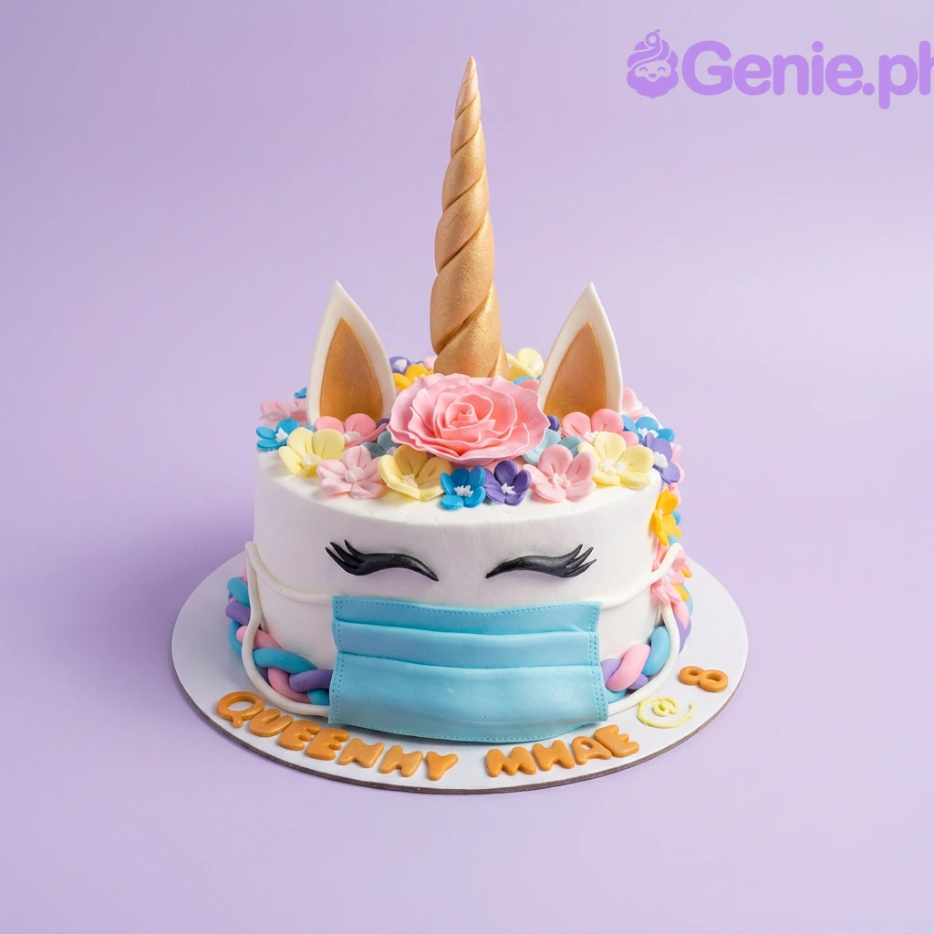A white 1 Tier unicorn cake with a gold horn, flowers, a blue face mask, and golden text 'QUEENNY MHAE @ 8'.