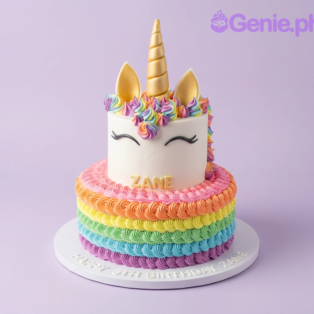 A white and rainbow two-tier Unicorn cake with colorful icing ruffles, a gold horn, and personalized messages.