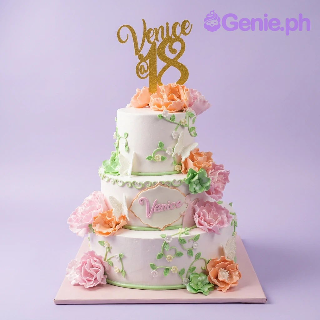 Venice 18th Birthday White 3-Tier Debut Cake A white 3-tier Venice 18th cake, featuring a gold glitter Venice @ 18 topper, gumpaste floral accents, and vines.