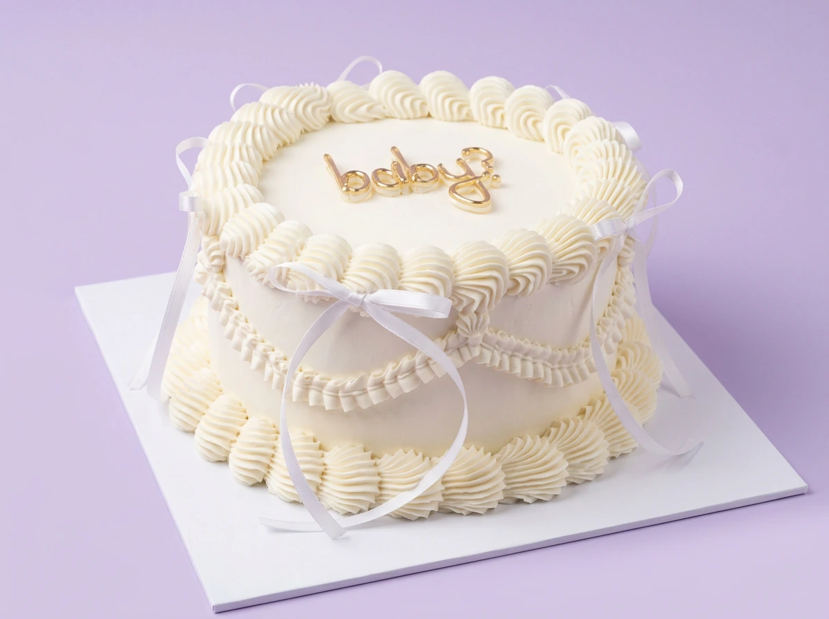 Elegant white vintage-style cake with intricate icing ruffles, white satin ribbons, and a gold 'baby?' topper.