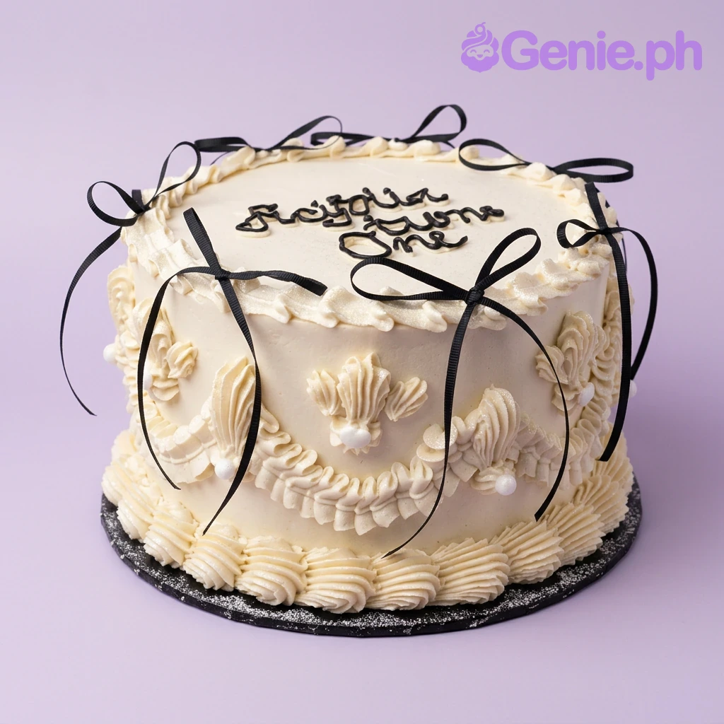 A cream and black 1-tier cake with a Vintage Black Bow theme, featuring piped ruffles, black satin bows, and 'Regina turns One' text.