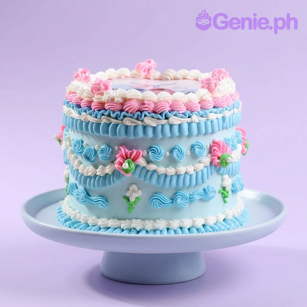 A light blue and pink 1-tier vintage character cake, featuring a printed character topper and piped ruffles.