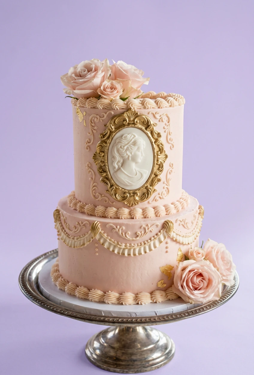 Elegant 2-tier light pink vintage cake with gold ornate frame, cameo topper, and fresh pink roses.