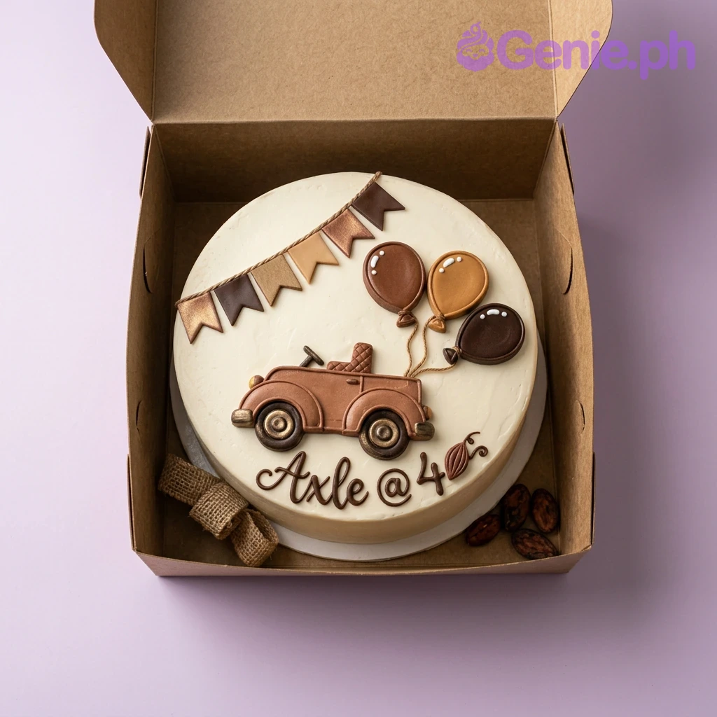 A white 1 Tier cake themed around Vintage Car, featuring a vintage brown car, fondant balloons and banner, with 'Axle @ 4' text.