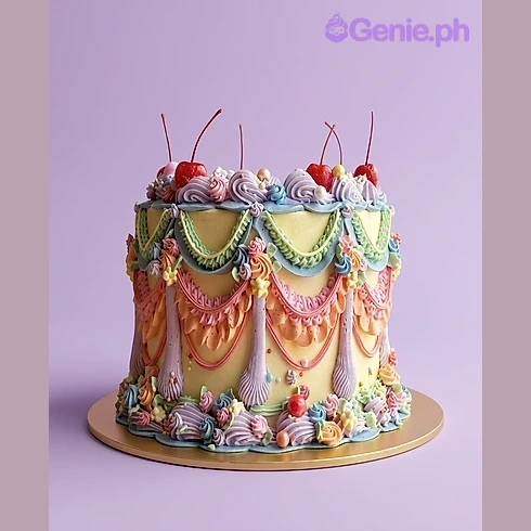 Vintage Cherry Cake Yellow cake with colorful piped swags and red cherries on top